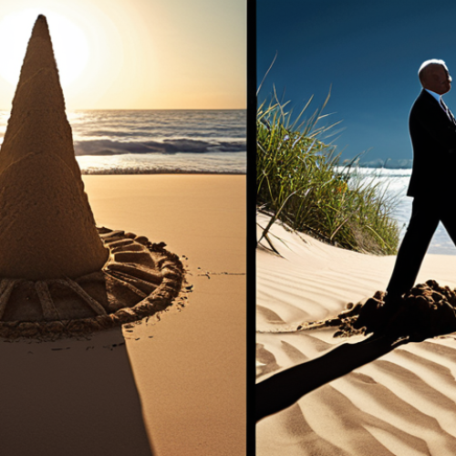 Home 14 A striking visual metaphor contrasting two paths in investment. On the left, a vibrant but precarious sandcastle built on a volatile, shifting ground, with a silhouette of an investor reaching for shimmering, unstable high returns. On the right, the same investor, now calm and wise, standing on a solid, steady foundation, using a glowing, high-tech compass labeled 'Risk-Adjusted Return' to navigate towards a serene landscape of sustainable, long-term growth. Subtle data visualizations of a smooth growth curve and a high Sharpe Ratio are integrated into the compass display. Emphasize financial wisdom and peace of mind over impulsive gains. Dynamic lighting, modern financial aesthetic.