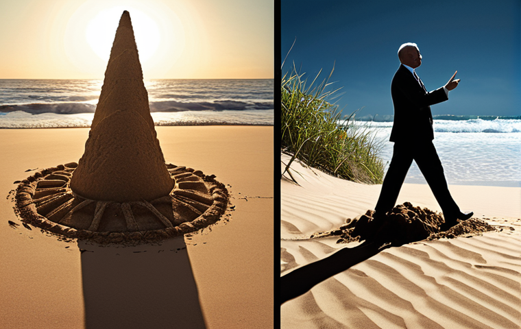 A striking visual metaphor contrasting two paths in investment. On the left, a vibrant but precarious sandcastle built on a volatile, shifting ground, with a silhouette of an investor reaching for shimmering, unstable high returns. On the right, the same investor, now calm and wise, standing on a solid, steady foundation, using a glowing, high-tech compass labeled 'Risk-Adjusted Return' to navigate towards a serene landscape of sustainable, long-term growth. Subtle data visualizations of a smooth growth curve and a high Sharpe Ratio are integrated into the compass display. Emphasize financial wisdom and peace of mind over impulsive gains. Dynamic lighting, modern financial aesthetic.