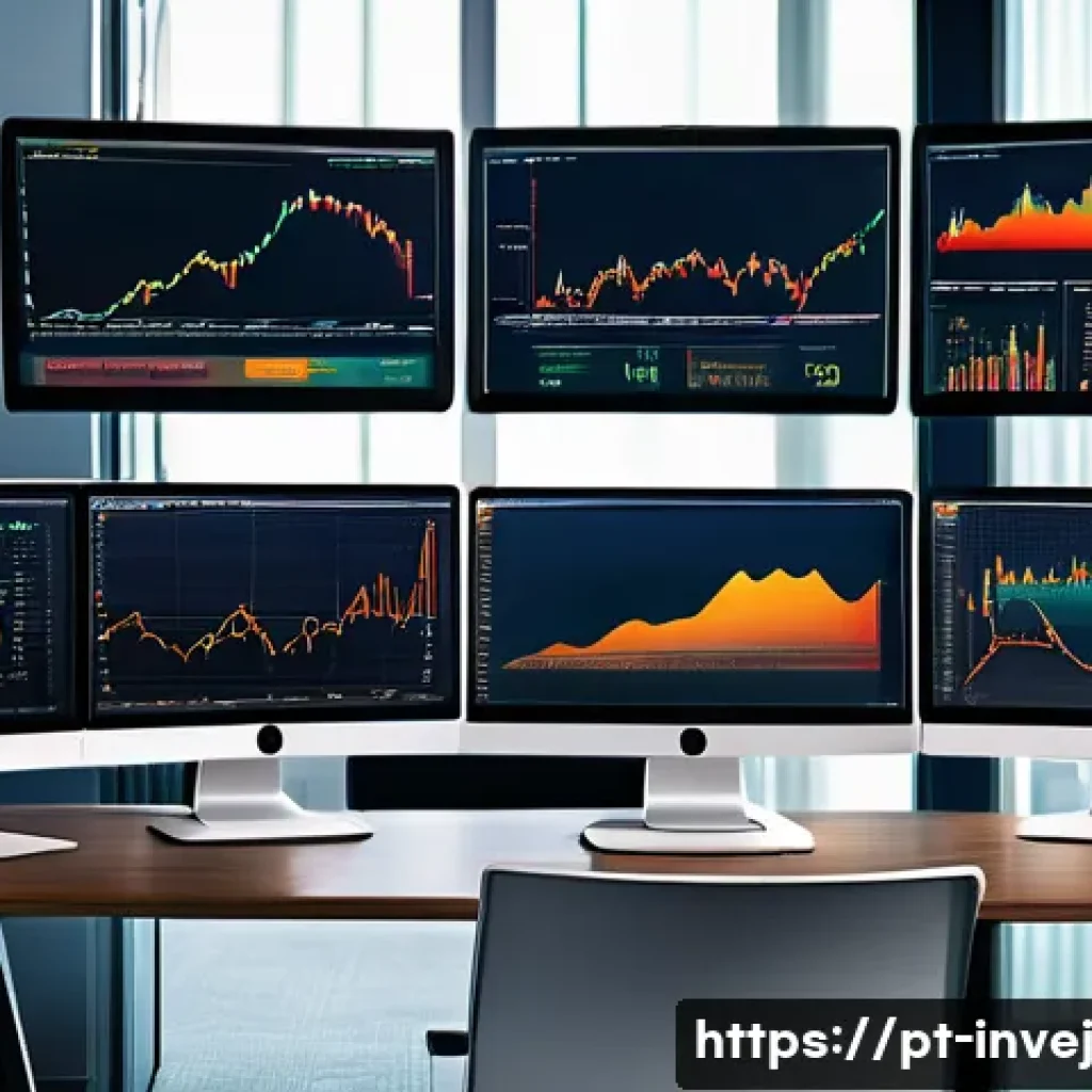 대체투자 포트폴리오의 변동성 관리 - A sophisticated financial analyst workspace showing multiple screens with dynamic charts and graphs ...