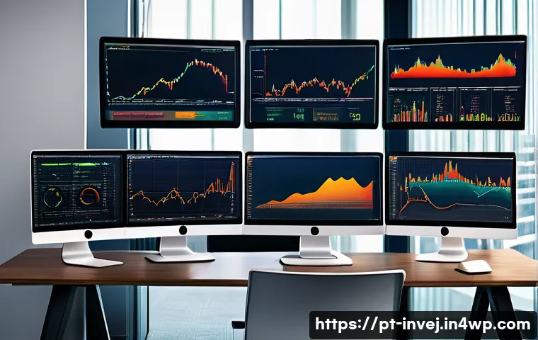 대체투자 포트폴리오의 변동성 관리 - A sophisticated financial analyst workspace showing multiple screens with dynamic charts and graphs ...