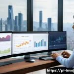Home 16 대체투자 포트폴리오에서의 투자자의 역할 - A professional Brazilian investor in a modern home office setting, surrounded by multiple screens di...