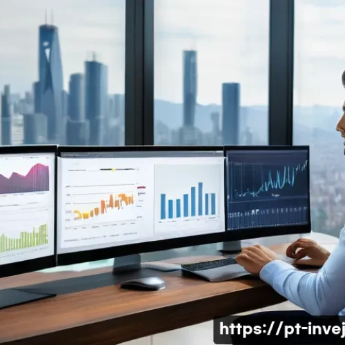 Home 28 대체투자 포트폴리오에서의 투자자의 역할 - A professional Brazilian investor in a modern home office setting, surrounded by multiple screens di...