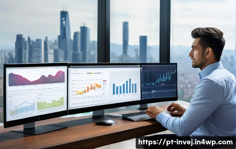 대체투자 포트폴리오에서의 투자자의 역할 - A professional Brazilian investor in a modern home office setting, surrounded by multiple screens di...