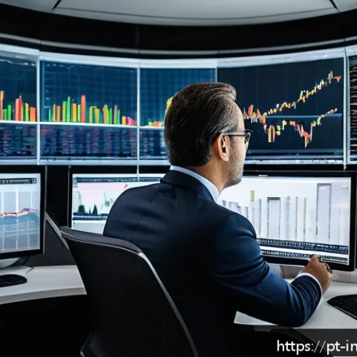 Home 15 대체투자 포트폴리오의 시나리오 분석 - A sophisticated financial analyst in a modern São Paulo office, surrounded by multiple screens displ...