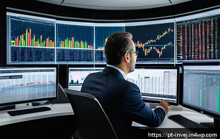 대체투자 포트폴리오의 시나리오 분석 - A sophisticated financial analyst in a modern São Paulo office, surrounded by multiple screens displ...